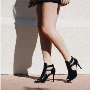 XYD Black Peep Toe Ankle Boot Dual Buckled Straps Stiletto Heels Cutout Sandal